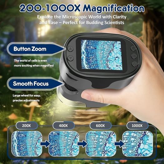 1000X Handheld Digital Microscope for Kids - 4K 2.0" Screen, Rechargeable Mini Labster Portable Pocket Scope, Includes Slides Kit - Science Gadget Edu Gift for Children Ages 4-12 (Grey)