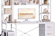 Computer Desk with Drawers &amp; Display Shelves, 120 x 50 cm White Office Desk with Storage &amp; Pegboard, Study Work Desk with Storage, Girls PC Desk for Home Office, Bedroom and Creative Spaces