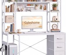 Computer Desk with Drawers & Display Shelves, 120 x 50 cm White Office Desk with Storage & Pegboard, Study Work Desk with Storage, Girls PC Desk for Home Office, Bedroom and Creative Spaces