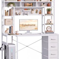 Computer Desk with Drawers & Display Shelves, 120 x 50 cm White Office Desk with Storage & Pegboard, Study Work Desk with Storage, Girls PC Desk for Home Office, Bedroom and Creative Spaces