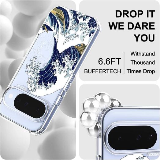 Pixel 10 Case/Pixel 10 Pro Case, Shockproof Military-Grade Protection 6.6ft Drop Tested, Clear Phone Case for Pixel 10/10 Pro, Great Wave Design