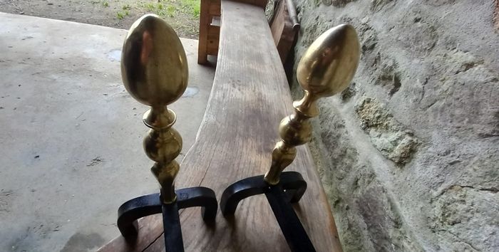 Antique Fire dogs and 4 piece fire set solid brass tops and steel