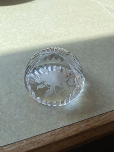 Vintage Stuart Crystal Dime Paperweight & Cavan Crystal Fan shaped clock