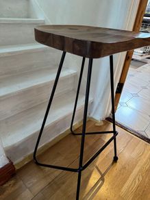 Pair of bar stools, solid wood and metal