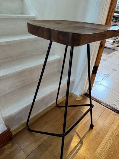 Pair of bar stools, solid wood and metal
