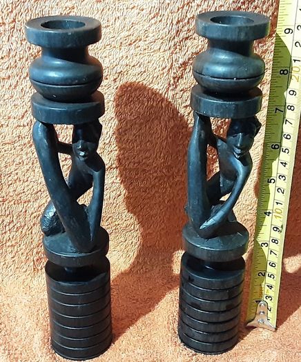 two vintage wooden candle holders