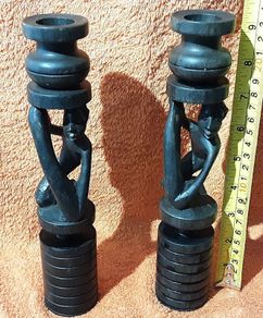 two vintage wooden candle holders