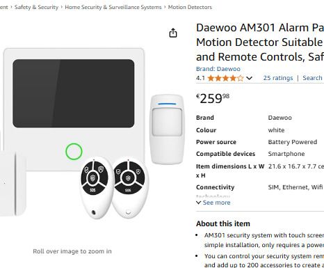 Daewoo AM301 Alarm System with Touch Screen, Motion Sensor for Animals, Door Contacts and Remote Controls, Remote Control in All Safety