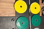 Olympic Bumper Weight Plates + 7 Foot 20kg Olympic Barbell!!