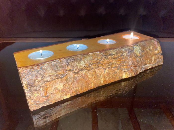 Stunning Rustic Live Edge Pine Wood Tea Light Holder Yule Log Waxed and Sealed