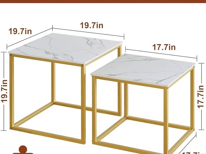 Nesting Tables, Set of 2 End Table, Coffee Tables, Side Table with Metal Frame for Living Room/Bedroom/Balcony/Office/Apartment, Diameter 50/45 cm (Gold Frame, White Marble Top)