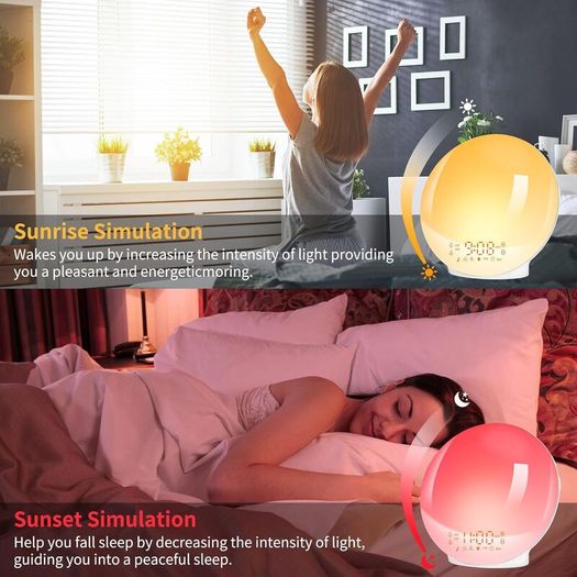 Alarm Clocks, Wake Up Light with Sunrise/Sunset Simulation Dual Alarms Bedside Night Lamp Snooze Function FM Radio 7 Natural Sound 11 Colorful Atmosphere Lamp