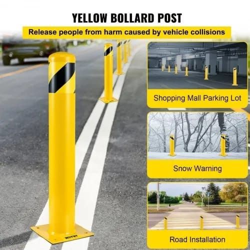 Safety Bollard, 42 Inch Height Bollard Post, 5.5 Inch Diameter Steel Pipe Safety Bollard Post, Yellow Steel Bollard, Steel Safety Bollard with 8 Anchor Bolts,