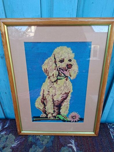 Vintage Kitsch Poodle framed Needlework