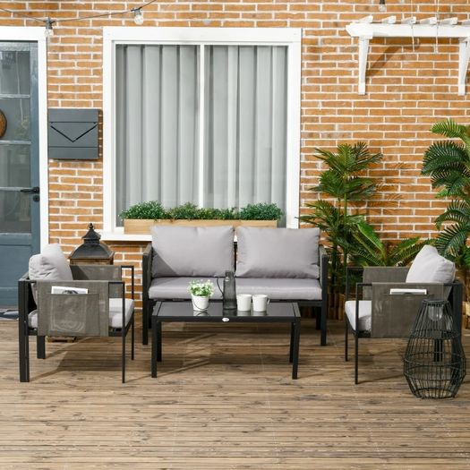 4 Piece Metal Garden Furniture Set - Includes Tempered Glass Coffee Table, Texteline Pocket, Outdoor Patio Set with Loveseat, Single Armchairs and Padded Cushions, Light Grey