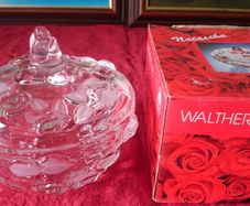 New In Box Waltherglas Germany Natascha Pattern Art Deco Satin Rose Bowl With Lid Made In Germany