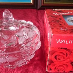 New In Box Waltherglas Germany Natascha Pattern Art Deco Satin Rose Bowl With Lid Made In Germany