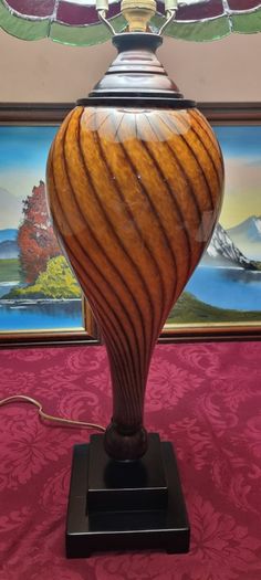 30.5 Inch Tall Large Art Deco Tiffany Style Table Lamp With Metal And Black Striped Amber Glass Stand With Stained Glass Shade