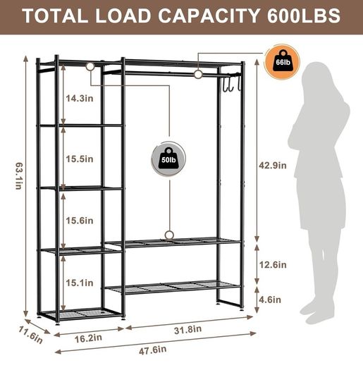 Clothes Rail with Shelves Metal Wardrobes for Bedroom Clothing Rack Open Wardrobe, With 4 Tiers Shelves, Portable & Free Standing, Clothes Rails for Bedroom