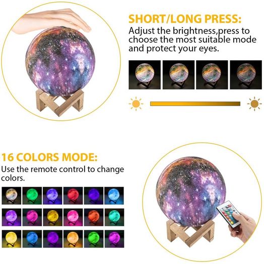 LED Full Moon Lamp,OxyLED 18cm/7.1 inch 3D Print LED Starry Sky Moon Light with Stand Remote Touch Control and USB Rechargeable,Dimmable Light for Kids Lover Friends Birthday Christmas Gifts [Energy Class A+++]