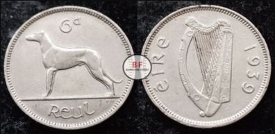 [#2308] - Ireland 1939 | Irish 6d | Six Pence | Wolfhound | KM.13