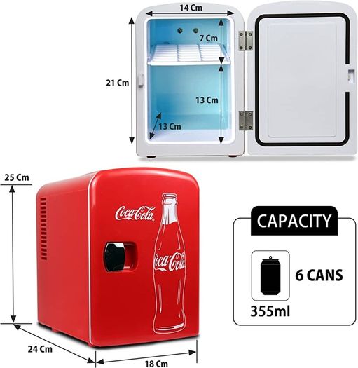 Coca Cola Mini Fridge 4 L/6 Can Portable Fridge/Mini Cooler Refrigerator for Food Beverages Drinks Skincare Snacks Home Bedroom Office Dorm Travel Car Boat, AC & DC Plugs Included (FREE POSTAGE)