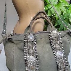 RIVER ISLAND Genuine Grey Suede Leather Boho Bag with crossbody and shoulder straps - Rrp 110 (New)