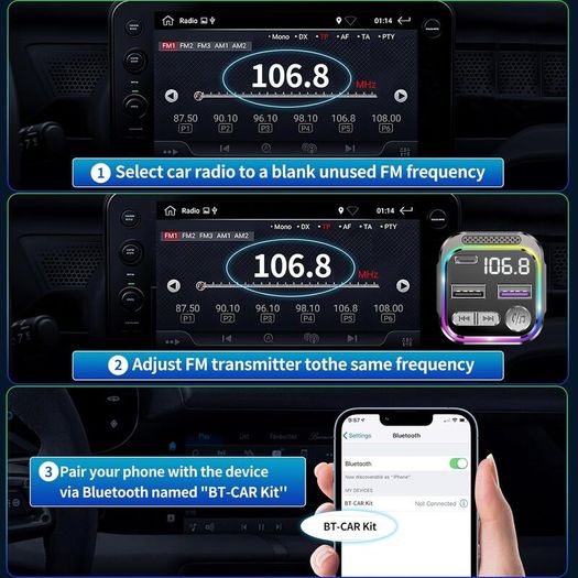 Bluetooth Car Adapter, Radio Receiver Audio FM Transmitter, Wireless Hands Free Phone Digital Kit, USB C QC PD 36W Fast Charger for 12V/24V Cigarette Lighter, U Disk MP3 Music Player Device