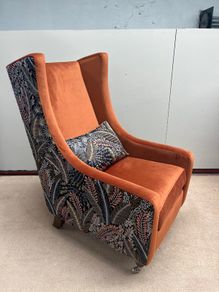 Luxury Jo Wingback Chair Burnt Orange Velvet & Botanical Fabric Accent
