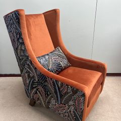 Luxury Jo Wingback Chair Burnt Orange Velvet & Botanical Fabric Accent