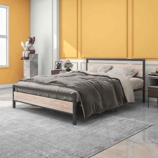 King Size Bed Frame with Wood Headboard,Heavy Duty Metal Platform Bed King Size with Storage No Box Spring Needed,Mattress Base/Strong Steel Slats Support/Easy Assembly