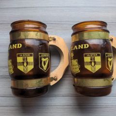 IRELAND good luck good health brown glass mugs with wooden handles