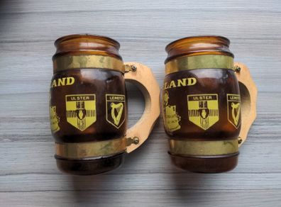 IRELAND good luck good health brown glass mugs with wooden handles