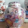 Stunning Rare Masons Ironstone Medium Sized (6.75 inch tall) Lidded Prunus Jar/Ginger Jar in the Fruit Basket Pattern, Plum/Muliticoloured Colourway with the Rare Iridescent Overglaze, Circa 1950, Mint/Cabinet Condition Image 3