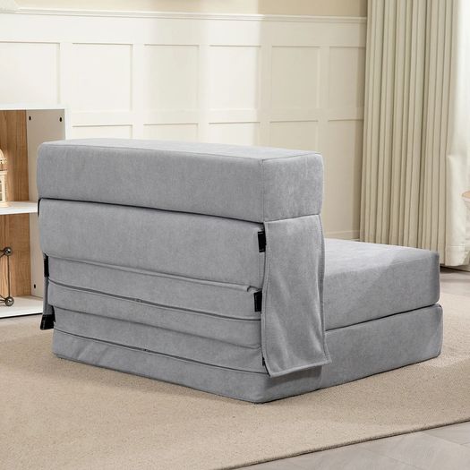 Floor sofa, upholstered couch, convertible to mattress, foam, cushion, Light Gray