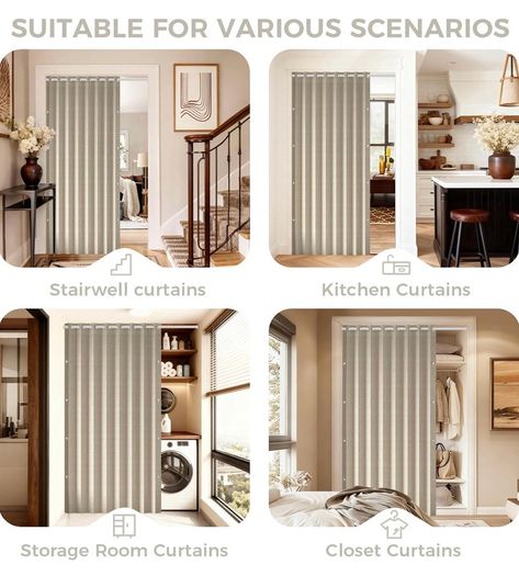 Temporary Door Curtain & Room Divider with Rod Linen Look, Folding Accordion Door Cover, with Magnetic Closures,W 60" x L77",Temporary Door