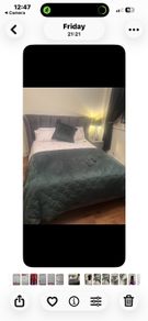 Reduced kingsize bed frame with matching curtains and leather armchair