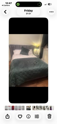 Reduced kingsize bed frame with matching curtains and leather armchair