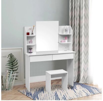 BRAND NEW Modern Dressing Table Set Cosmetic Table With Mirror 2 Drawers 4 Shelves For Home Bedroom 108x42x142cm