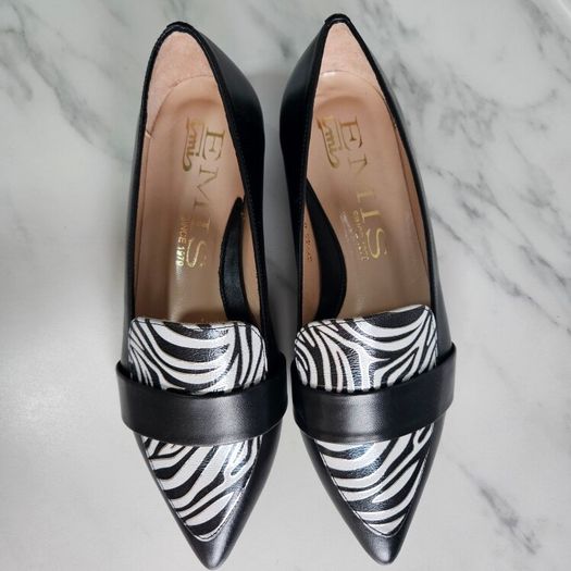 Emis slip on gorgeous leather flat black shoes with zebra detail RRP 100 euro new & boxed sizes UK 4 & UK 5