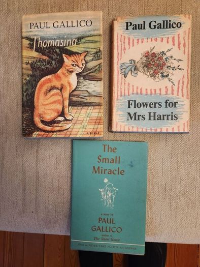 Paul Gallico books. Flowers  for Mrs Harris, Thomasina, and The small miracle. All hardback with dustjacket in good condition. Thomasina is a first edition.35