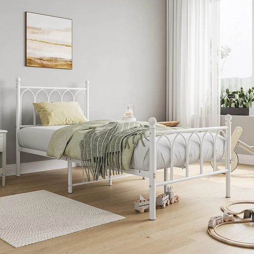 Single Metal Bed Frame 90 x x190 cm with Headboard and Footboard Heavy Duty Foundation,Metal Slat Support, White