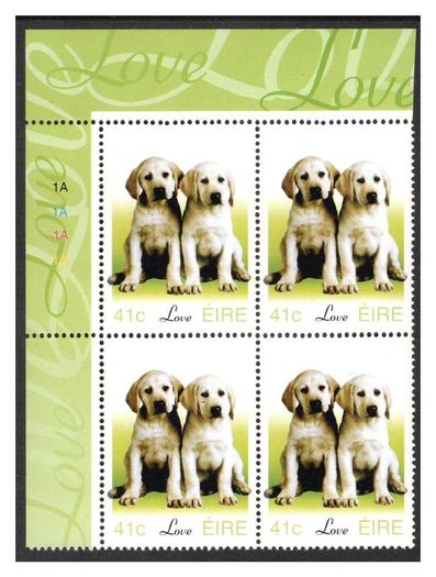 2003 Ireland Greetings Stamp (baby animals puppies) Plate Block 1A1A1A1A Mint Never Hinged (MNH)
