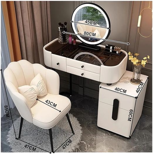Big Modern Vanity Desk with Mirror and Lights, Makeup Vanity Desk with 5 Drawers and Chair, Dressing Table with Glass Top, White