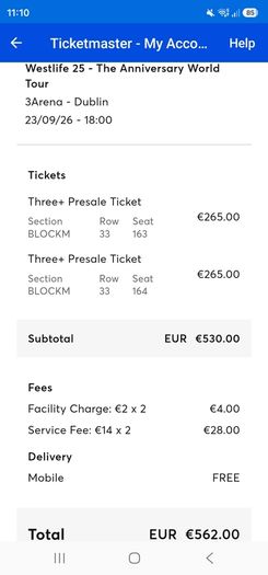 Westlife Tickets for 23rd Sept 2026