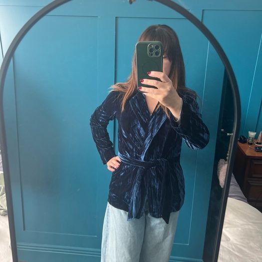 Navy crushed velvet wrap jacket. Size XS