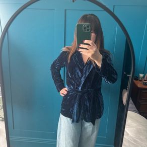 Navy crushed velvet wrap jacket. Size XS