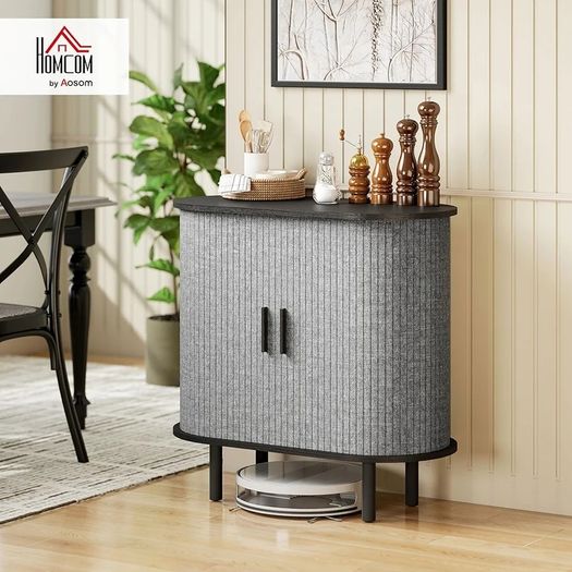 Fluted Sideboard with Tambour Sliding Doors, Modern Storage Cabinet, Kitchen Cupboard with Storage Shelves and Wooden Legs for Living Room, Dining Room, Grey