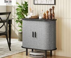 Fluted Sideboard with Tambour Sliding Doors, Modern Storage Cabinet, Kitchen Cupboard with Storage Shelves and Wooden Legs for Living Room, Dining Room, Grey