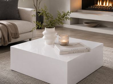 High Gloss White Coffee Table Modern Square Monobloc Living Room Centre Table